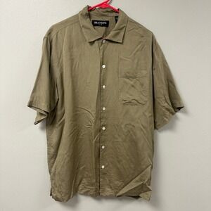 Brandini Pure Silk Short Sleeve Button Down Shirt Olive‎ Green Khaki Mens Medium